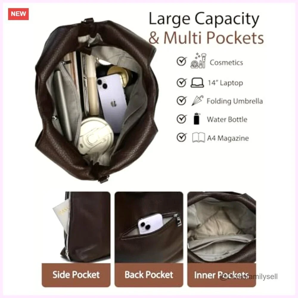 Large Vegan Leather Hobo Tote with Adjustable Strap, Multiple Pockets